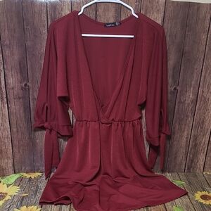 Boohoo Deep Red Wrap Dress with Bow Sleeves